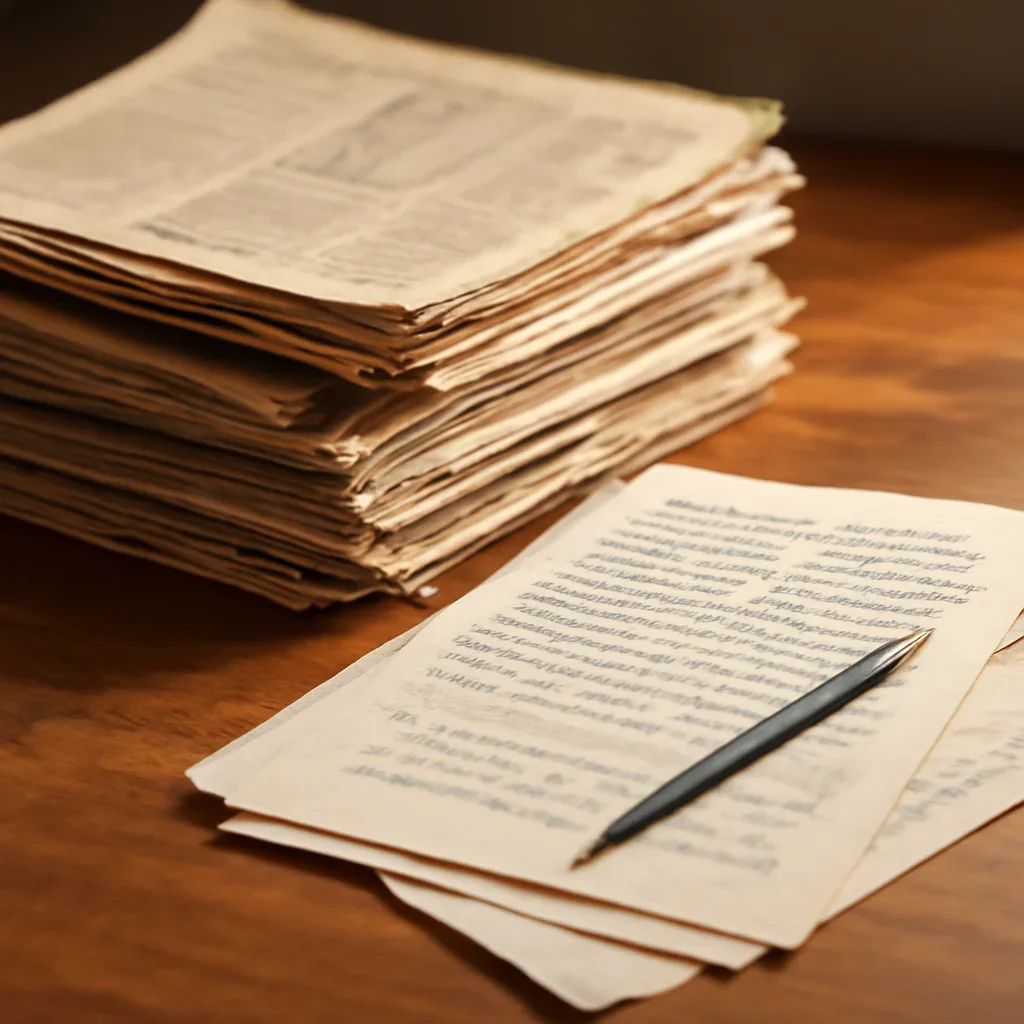 Stack of past newspaper issues and handwritten notes on a desk