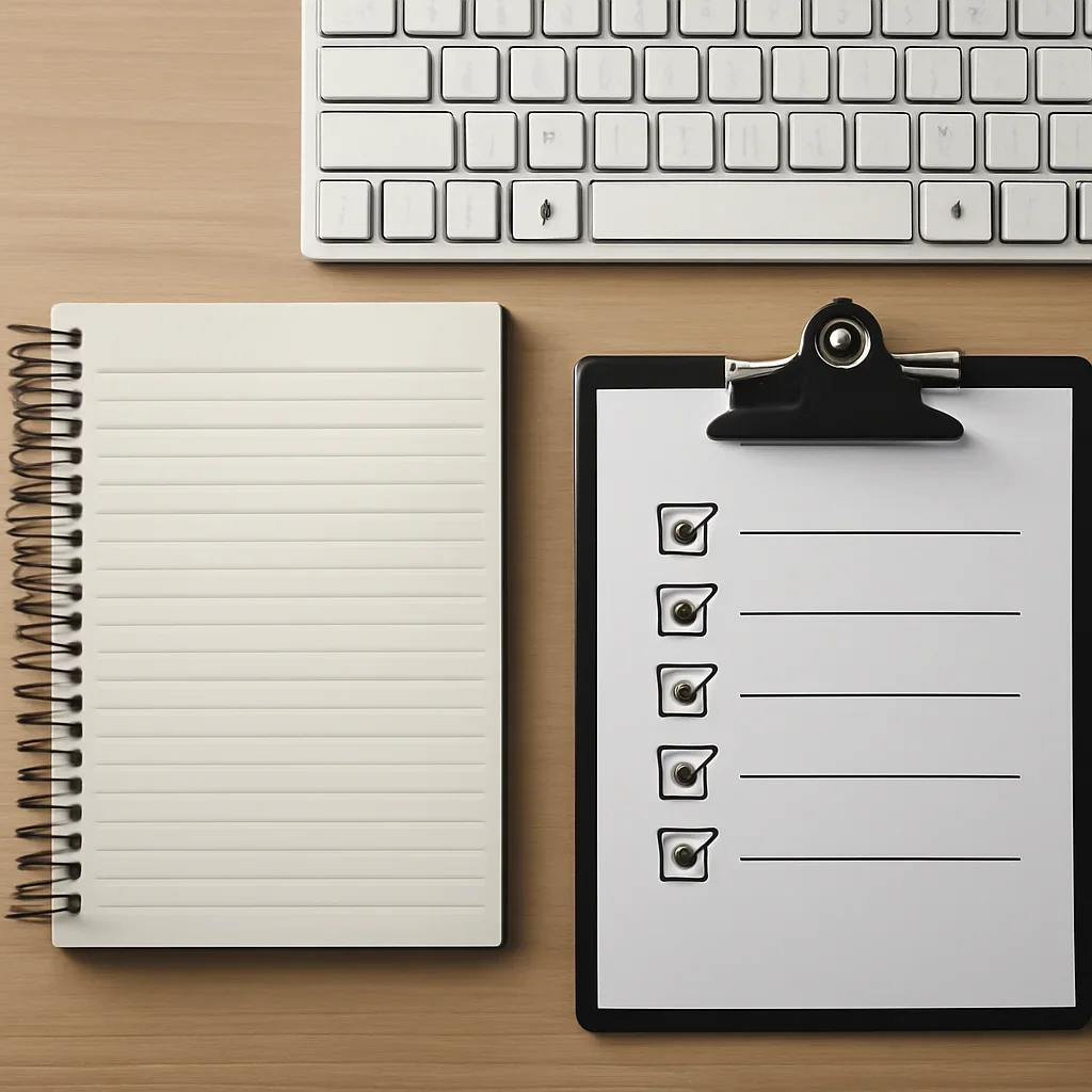 Notebook, keyboard, and checklist used for reviewing requests