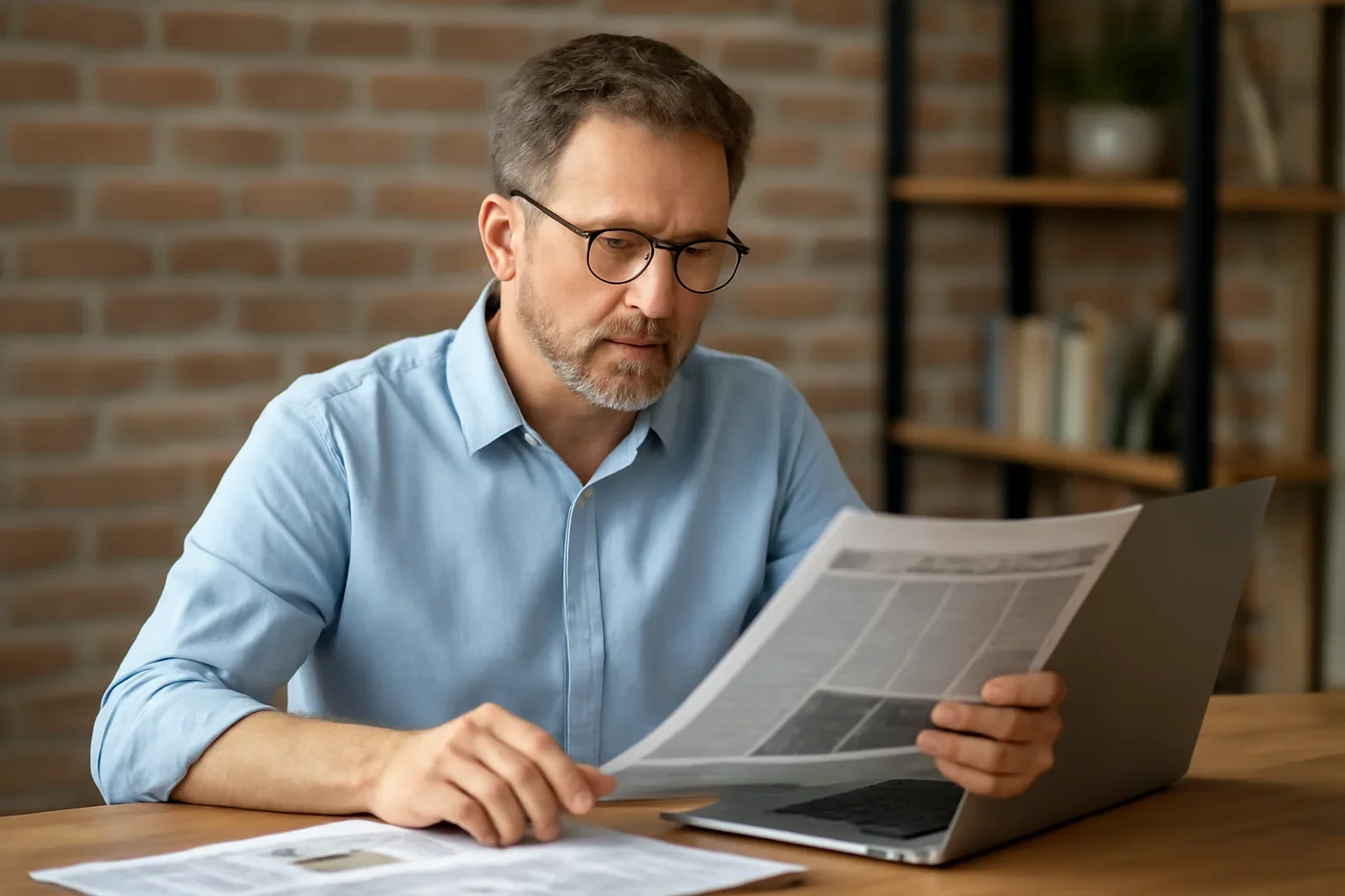 Local business owner reviewing printed materials and a laptop screen