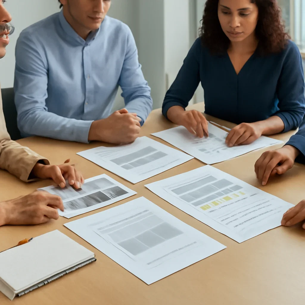 Planning meeting with ad proofs, calendar notes, or campaign drafts