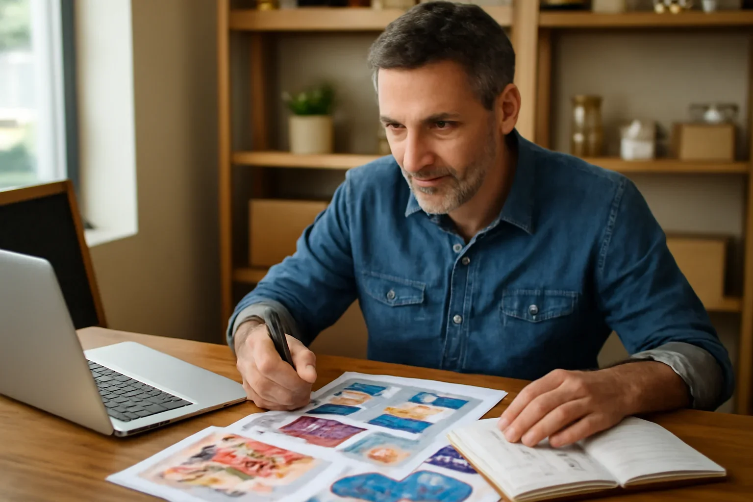Local business owner reviewing ad layouts and campaign notes at a desk