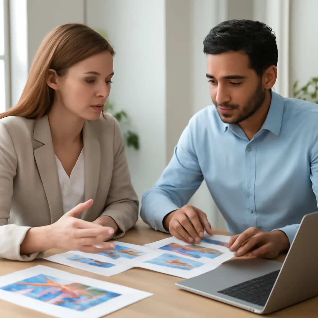 Team discussing a print and digital promotion plan in a bright office