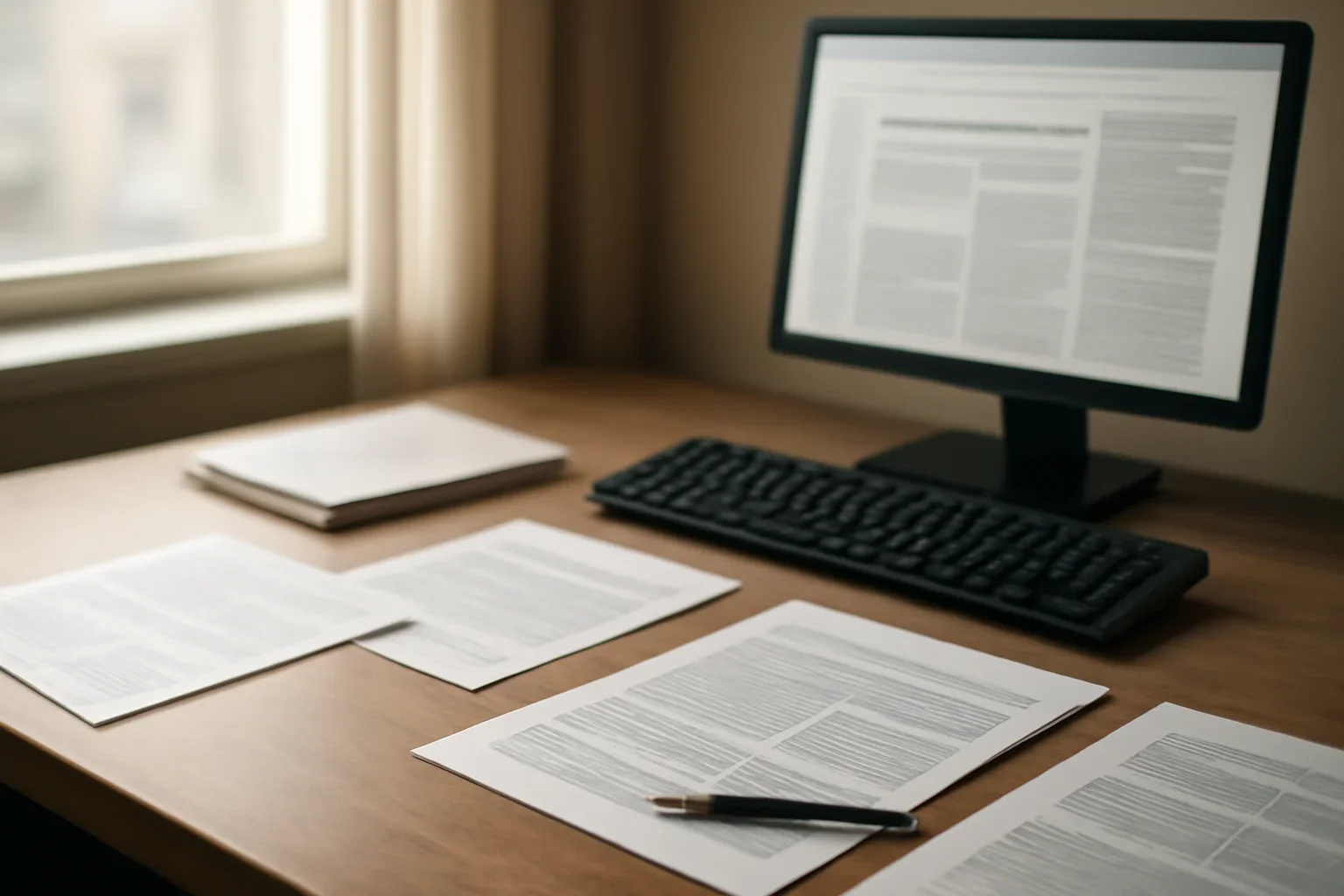 Calm newsroom desk with documents, keyboard, and soft window light