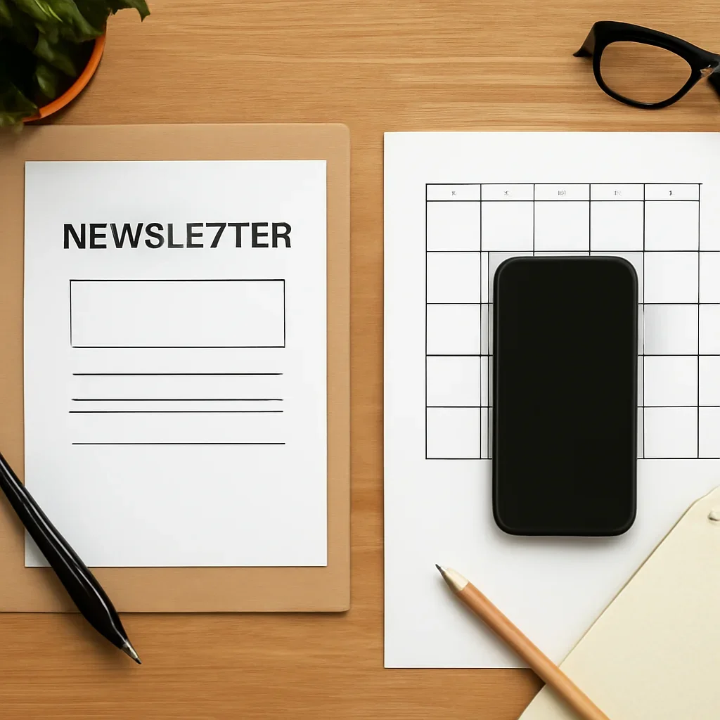 Newsletter signup and event reminder planning on a desk