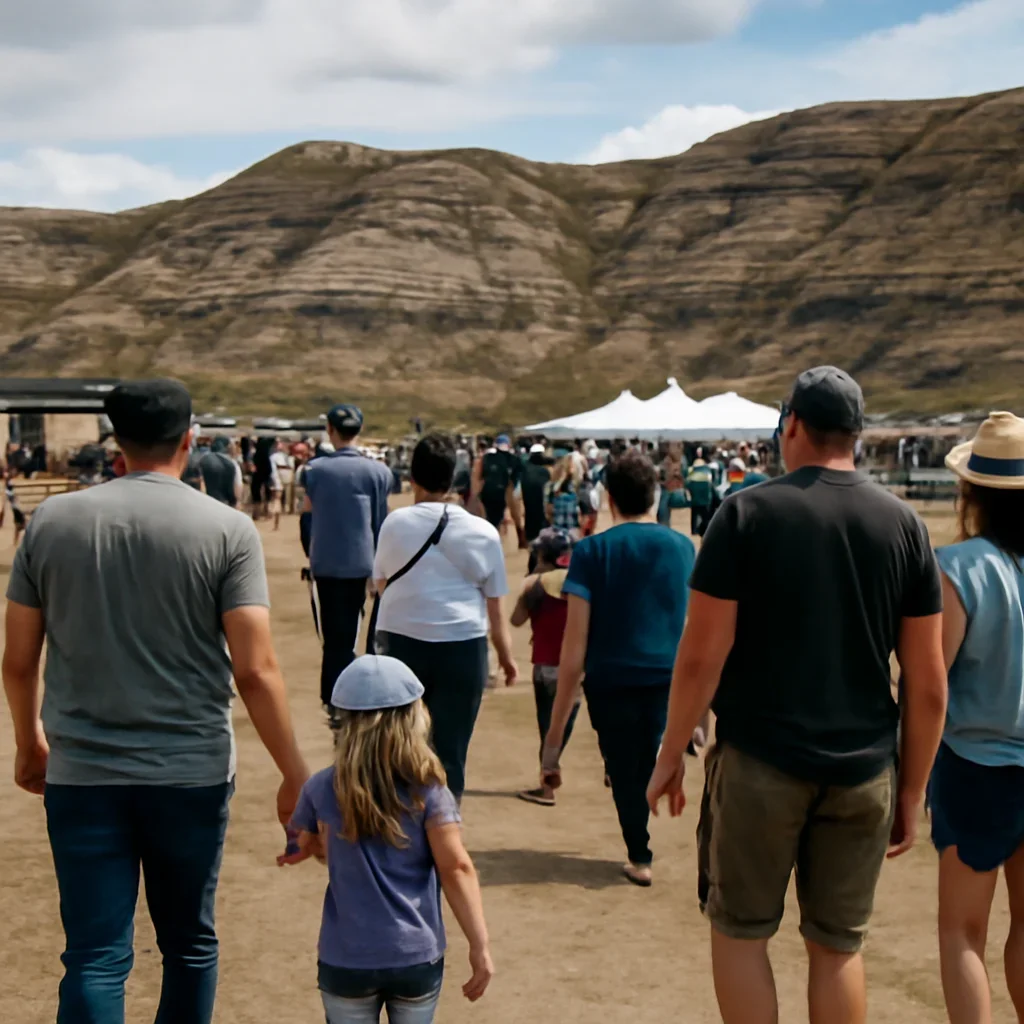 Crowd arriving at a small-town outdoor event in the badlands