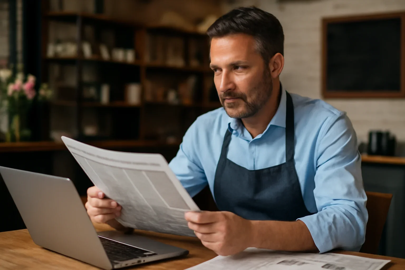 Local business owner reviewing printed materials and a laptop screen