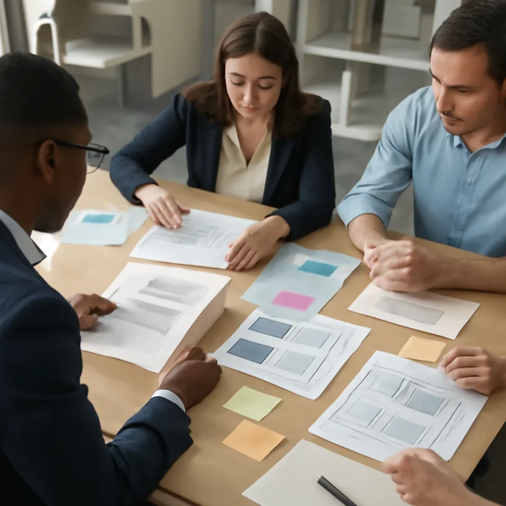 Planning meeting with ad proofs, calendar notes, or campaign drafts