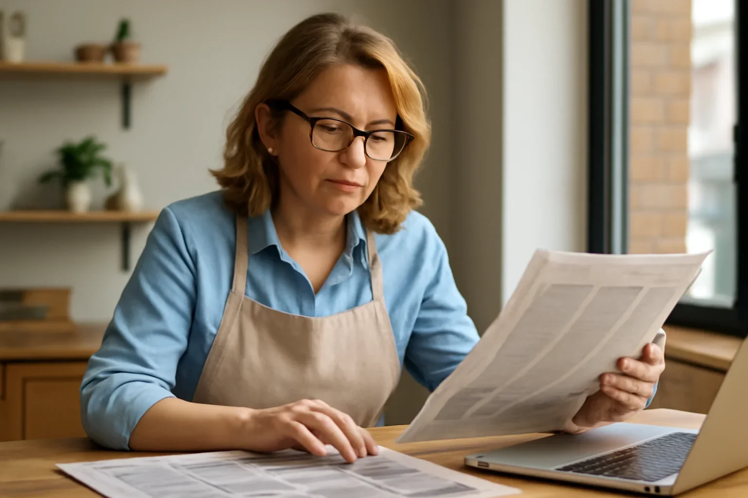 Local business owner reviewing printed materials and a laptop screen