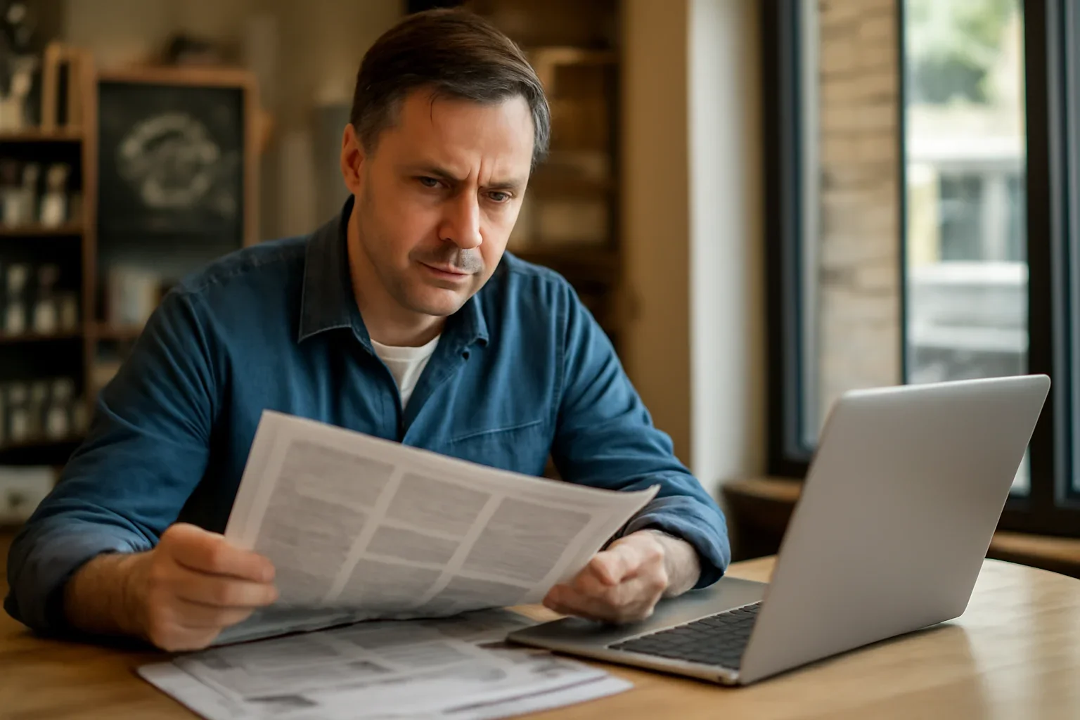 Local business owner reviewing printed materials and a laptop screen
