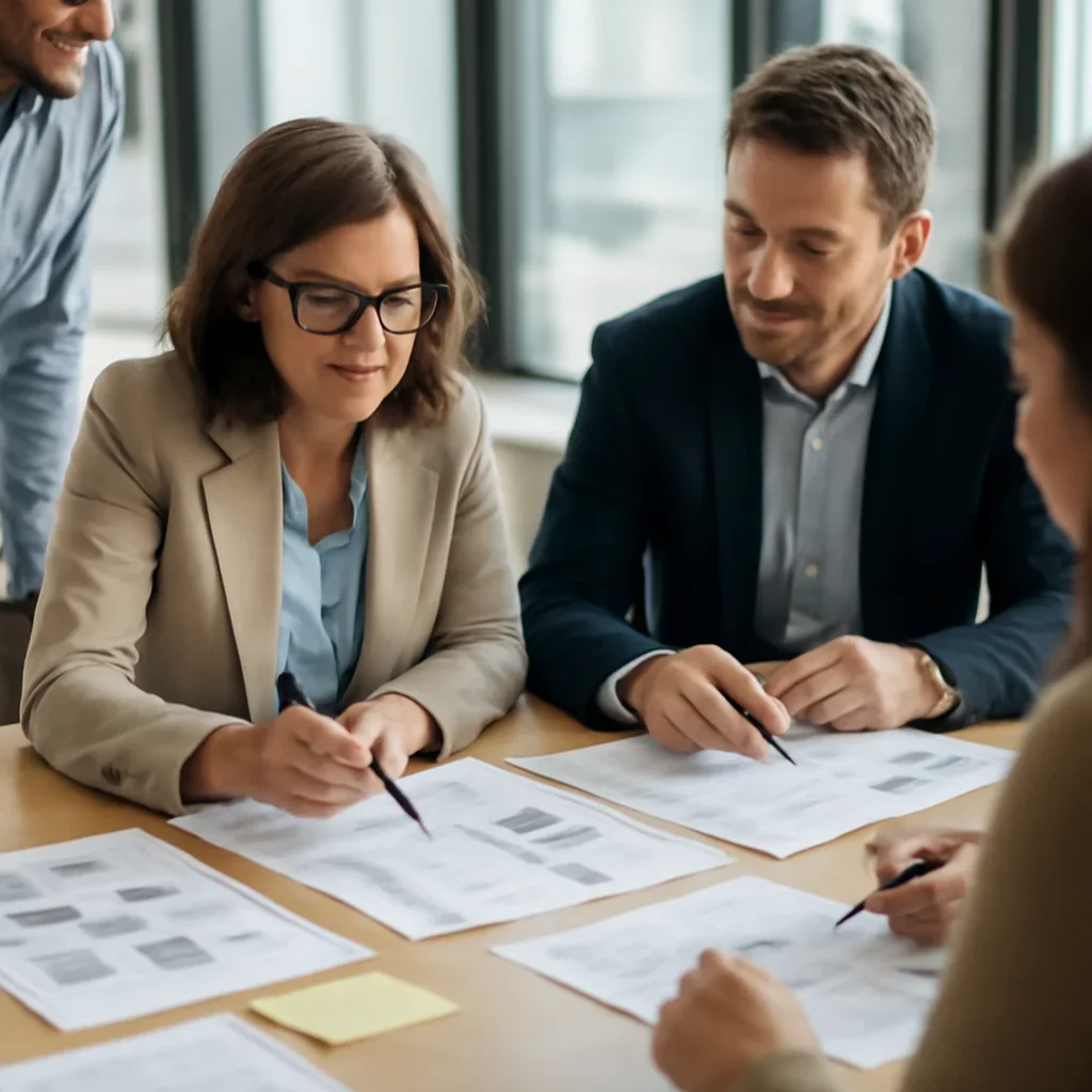 Planning meeting with ad proofs, calendar notes, or campaign drafts