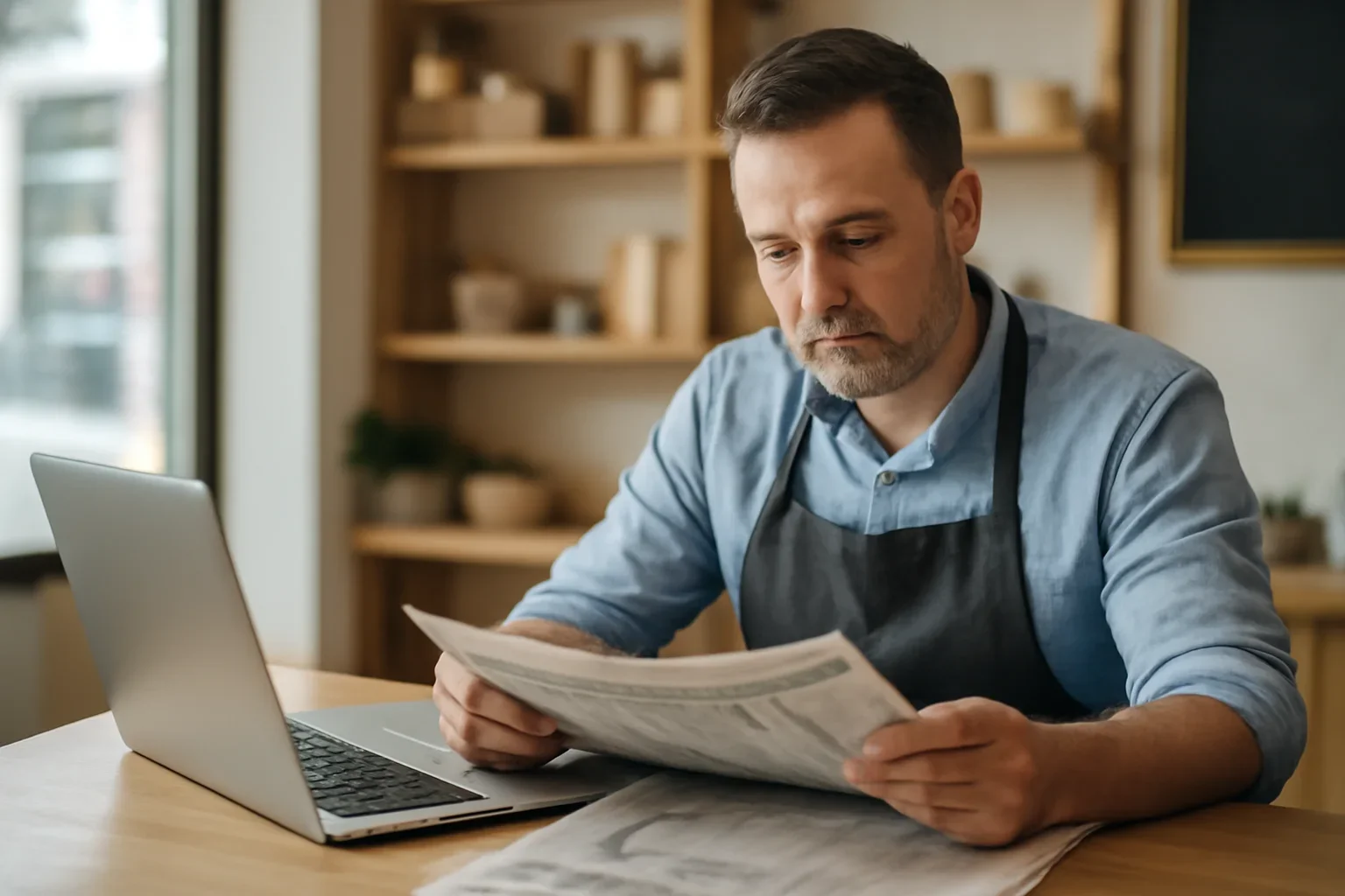 Local business owner reviewing printed materials and a laptop screen