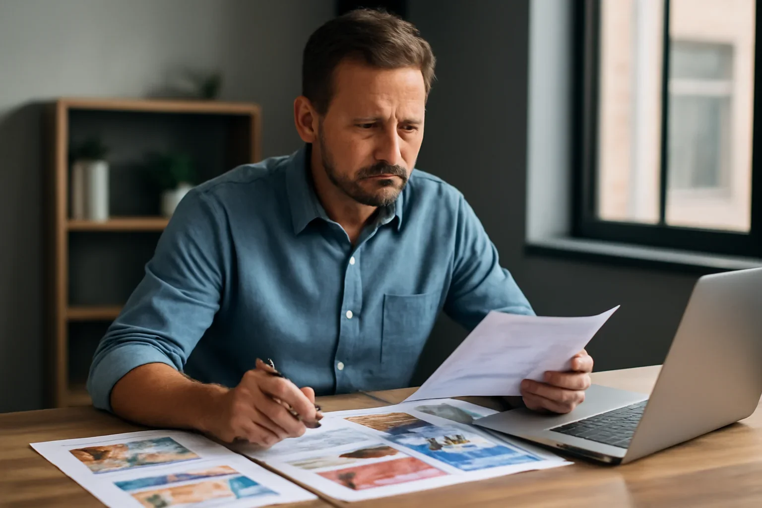 Local business owner reviewing ad layouts and campaign notes at a desk