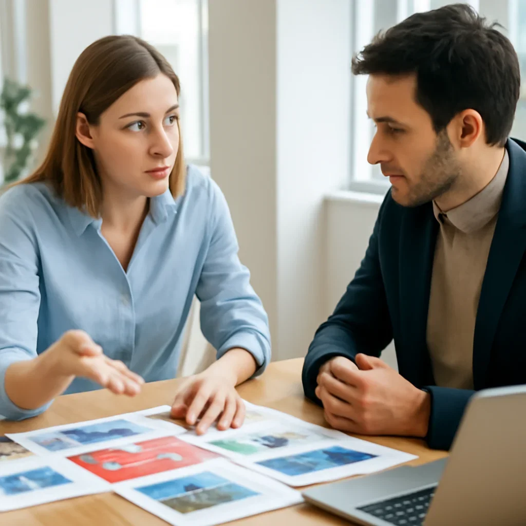 Team discussing a print and digital promotion plan in a bright office