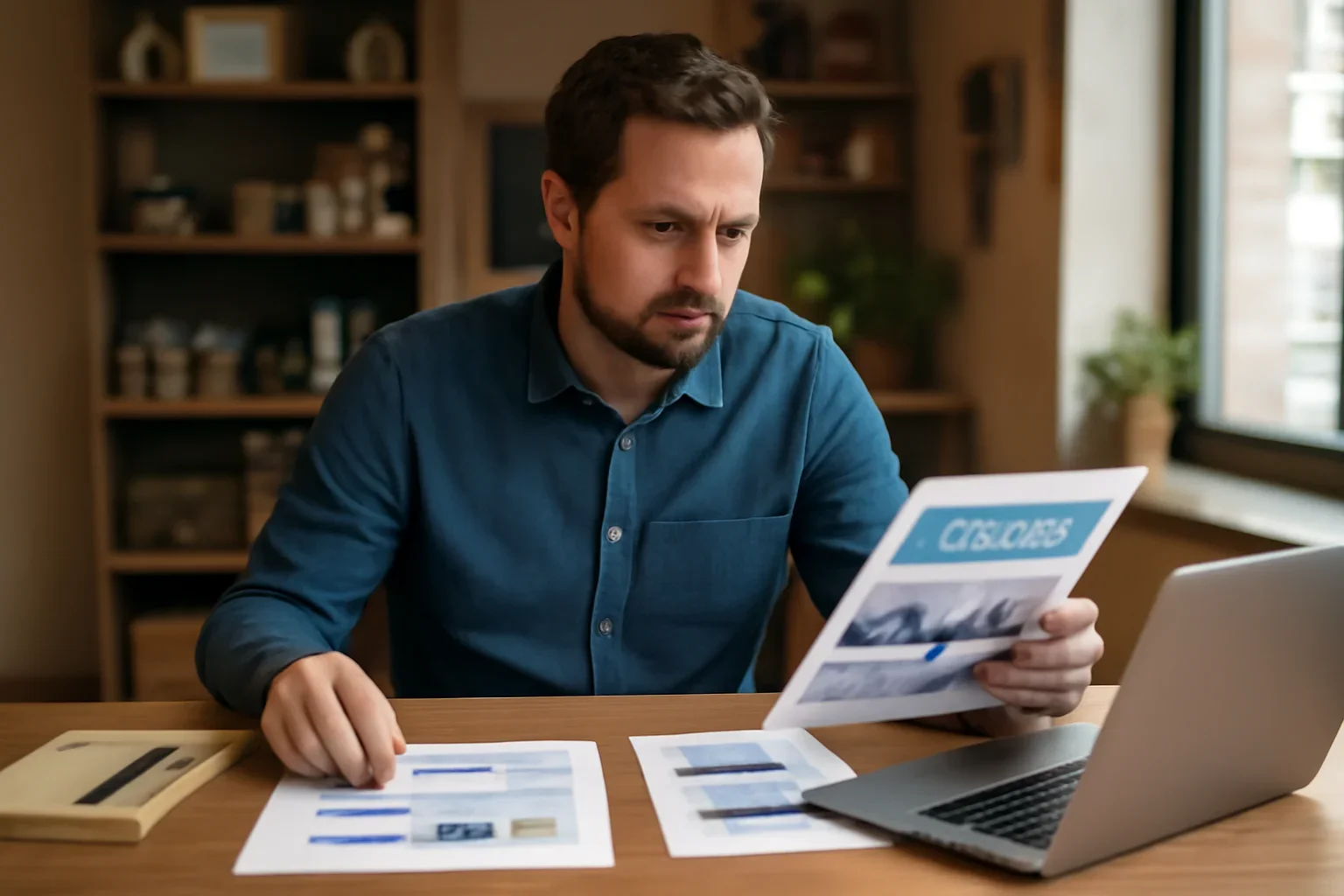 Local business owner reviewing ad layouts and campaign notes at a desk