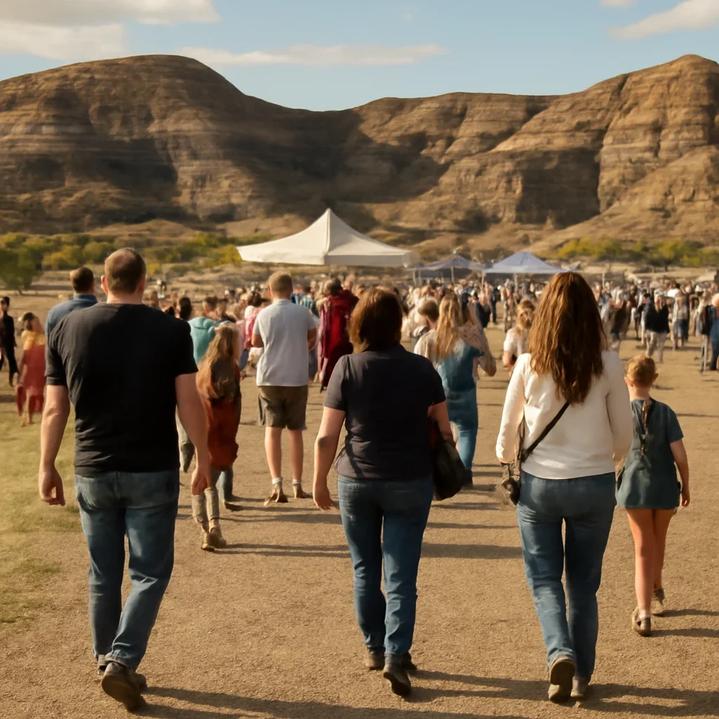 Crowd arriving at a small-town outdoor event in the badlands