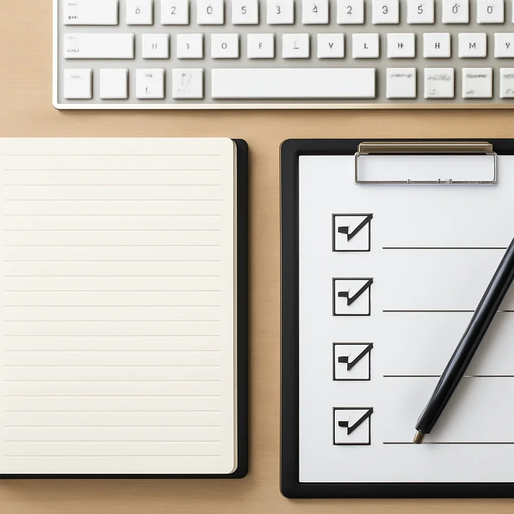 Notebook, keyboard, and checklist used for reviewing requests