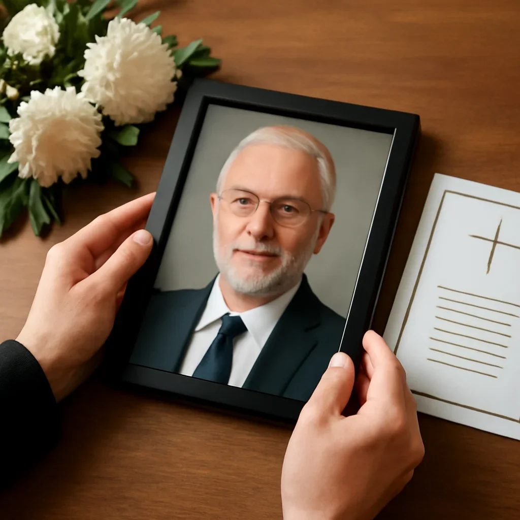 Close-up of hands arranging a framed portrait and service details
