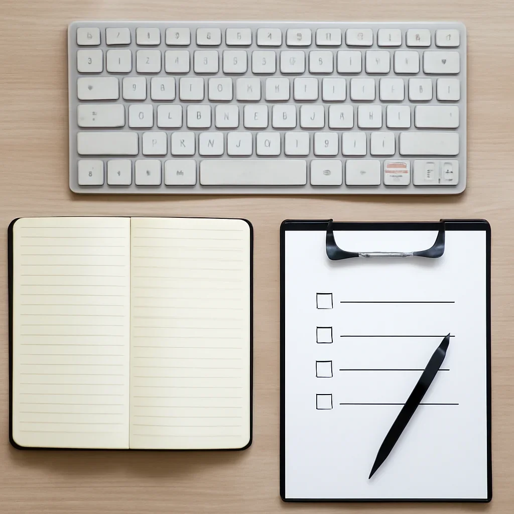 Notebook, keyboard, and checklist used for reviewing requests
