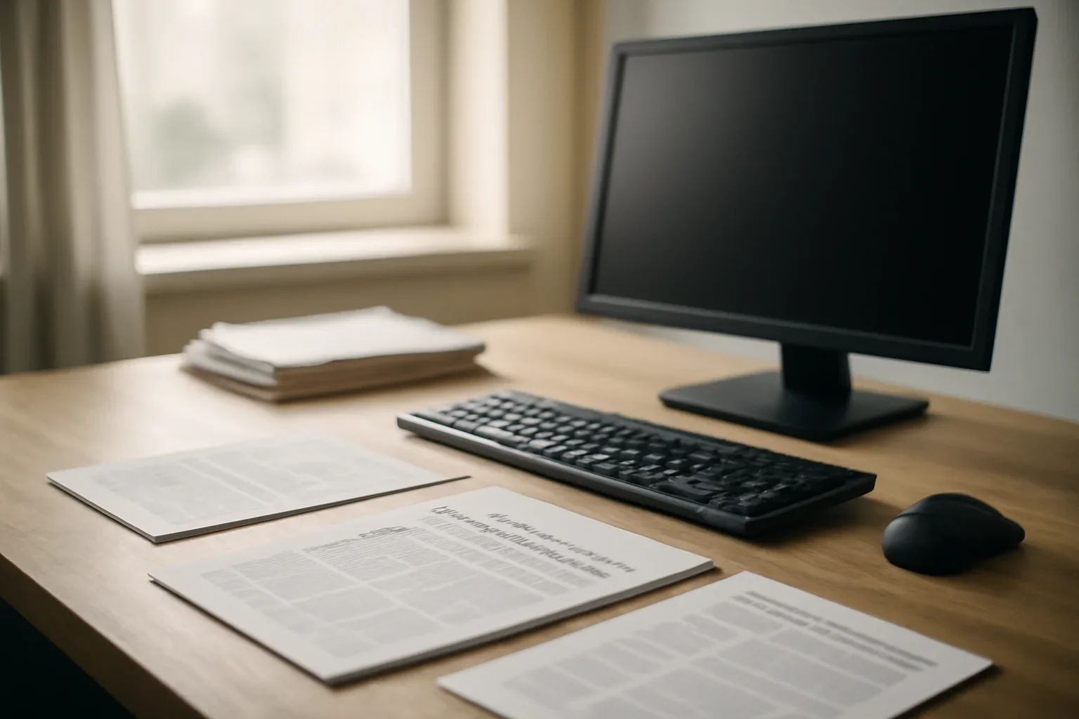 Calm newsroom desk with documents, keyboard, and soft window light