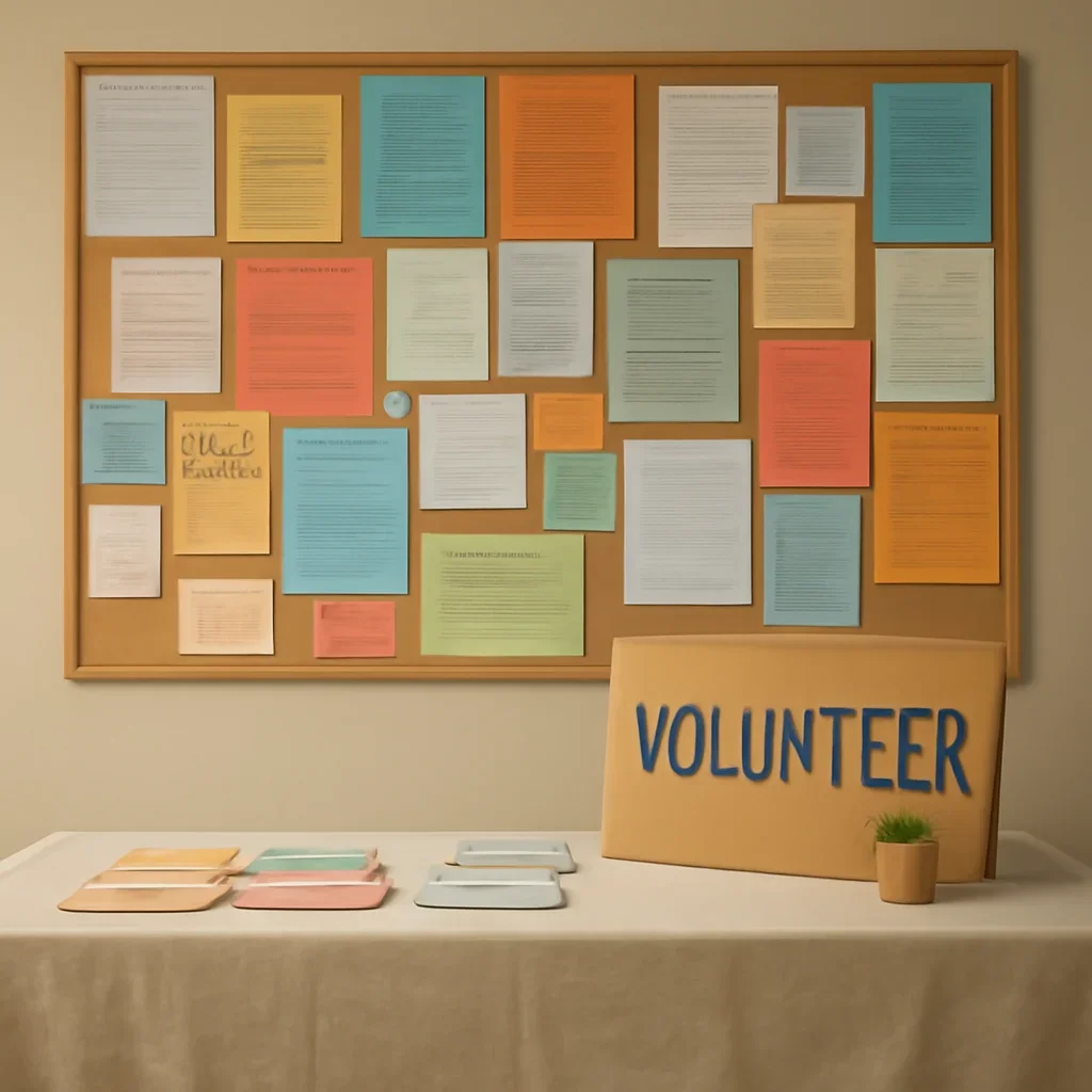 Volunteer table, posters, or community board filled with local notices